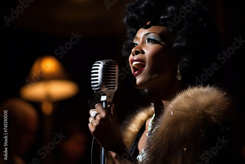 Elegant Vintage Woman Sings A Song With Old-Fashioned Microphone On Night Club Stage