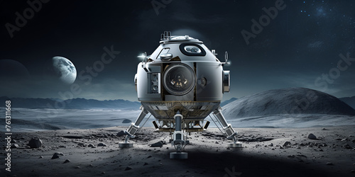 spaceship and moon, Closeup of Lunar Lander touchdown isolated on a mystic gradient background, Orion spacecraft near Moon, Generative AI