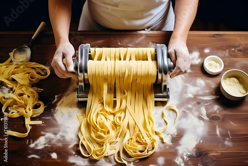 woman using an pasta machine to make fettuccine noodles on wooden background top view