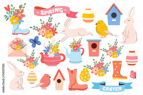 Easter set in hand drawn style. Vector. Labels, flag, rabbit, eggs, flowers, envelopes, birdhouses. Hello spring collection. Pastel and modern trendy vibrant. Clipart. Traditional bunny. Modern doodle
