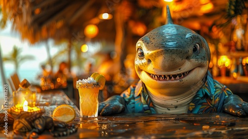 Anthropomorphic Shark Enjoying a Cocktail at a Bar. Generative ai