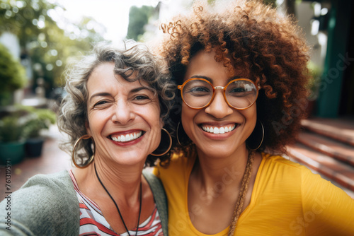 Two women happily smile and pose for a selfie, enjoying a moment of friendship and connection.