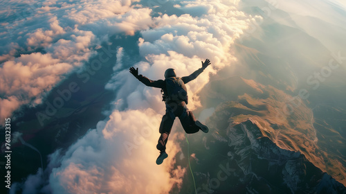 aerial shots of skydiver freefalling through the clouds and parachuting down to earth against breathtaking landscapes, central framing, well-generated silhouette