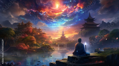 Buddhist meditator finding cosmic unity in stunning natural landscape under a vibrant starry sky