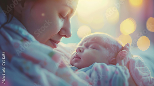  Newborn baby in delivery room. Mom holding her new born child after labor.Mother giving birth to a baby. 