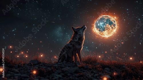 Silhouette of a coyote howling at the moon, with the moon transforming into a glowing globe of the internet, symbolizing global communication and disruptive digital presence.
