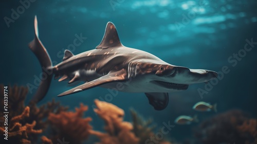 Hammerhead sharks swim on the surface of coral reefs with sunlight penetrating the surface of the water