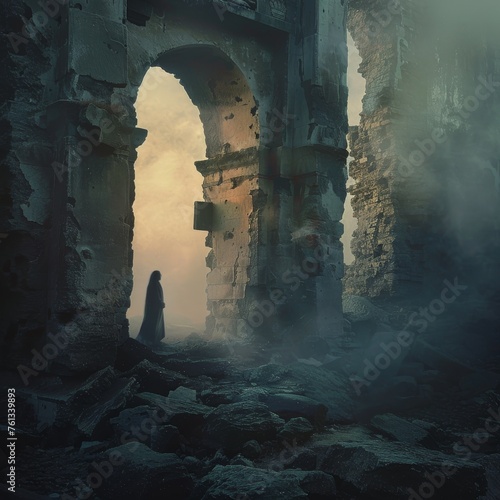 A shadowy figure stands at the threshold of a ruined arch, with the misty dawn casting a mystical light over a scene of historic decay.