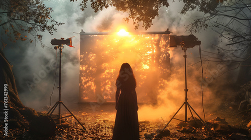 Silhouette of a person standing before a dramatic fiery explosion on a movie set, with lighting equipment on either side.