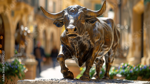 A bronze bull statue in a sunlit European alleyway, symbolizing financial strength and market prosperity.