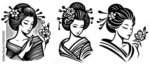 japanese geisha portraits in traditional attire black vector laser cutting engraving