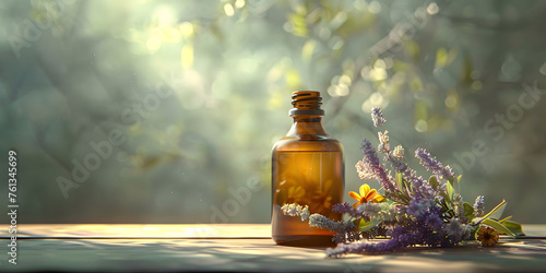 Essential oils with flowers on a natural green background