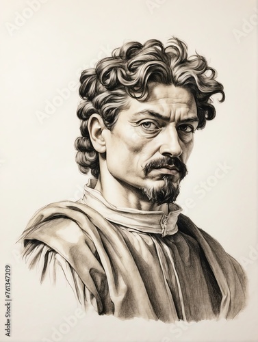 Michel angelo merisi da caravaggio hand drawn sketch portrait on plain white background from Generative AI