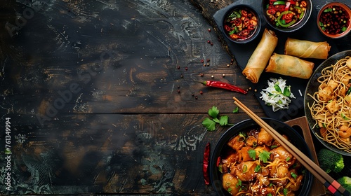 A rustic slate surface Illustrating Chinese Cuisine, noodles, rice, spring rolls, herbs spices with copy space for text