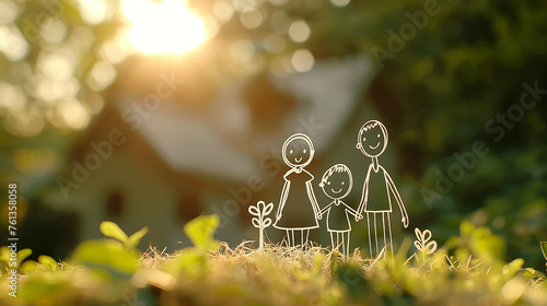 family dream house garden - white line couple house drawing - get a loan for a home - real estate mortgage market advertisement asset illustration.