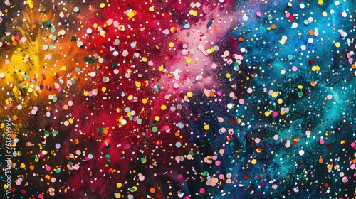 Celestial abstract paint scatter. Vibrant speckle pattern on a dark background. Artistic wallpaper design with copy space