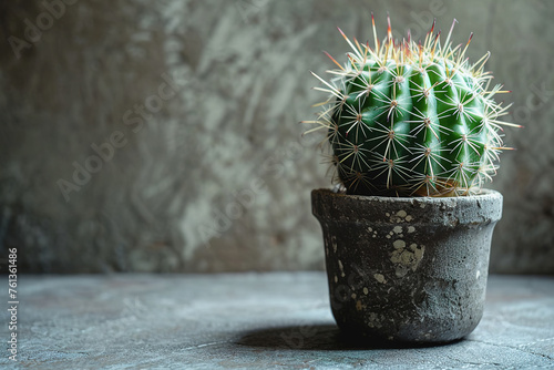 Side view of a cactus in a pot on a gray background, with empty copy space 