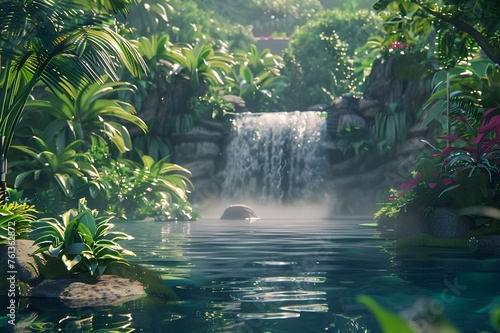 Tropical Waterfall Paradise: A lush tropical waterfall surrounded by vibrant greenery, creating a serene and paradisiacal atmosphere.