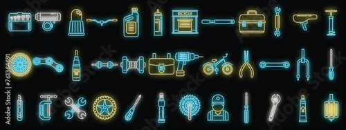 Bicycle repair icons set outline vector. Bike element. Bicycle parts equipment neon color isolated