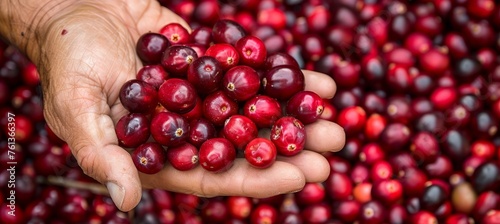 Hand holding fresh cranberries with selection on blurred background, copy space available