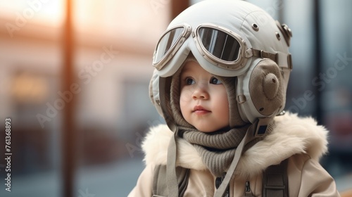 Adorable young child wearing an aviator helmet. Fictional character created by Generated AI. 