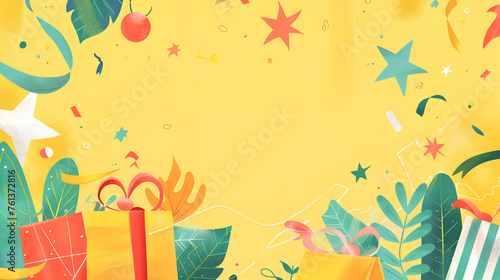 Colorful happy birthday or party background Flat Lay wtih birthday hats, confetti and ribbons on yellow background. Top View with Copy space., Generative AI