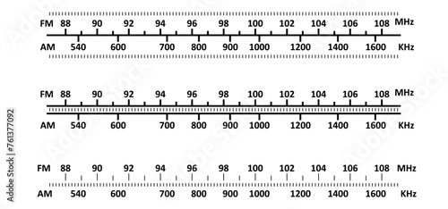 Radio tuner frequency tuning. Analoog dashboard inscription, control panel. Radio receiver tuner dial scale. Old hi-fi Stereo or mono tuner FM AM band. Radio frequency scales. Radio station signal.