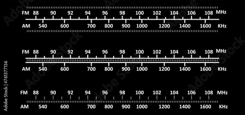 Radio tuner frequency tuning. Analoog dashboard inscription, control panel. Radio receiver tuner dial scale. Old hi-fi Stereo or mono tuner FM AM band. Radio frequency scales. Radio station signal.