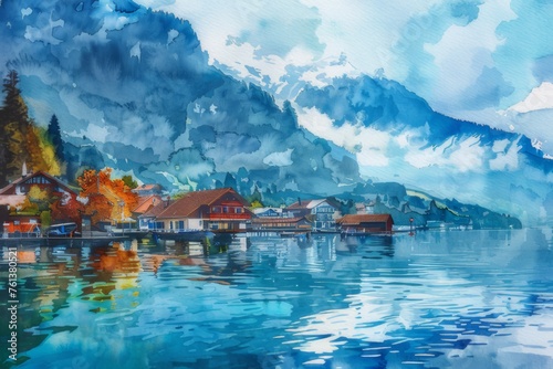 Watercolor image of a mountain lake in the harbor of Iseltwald at Lake Brienz in Switzerland.