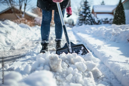 A close up person using a snow shovel to clear snow from a path after a winter storm