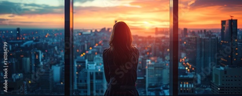 Woman contemplating cityscape through a window at sunset