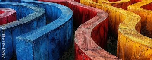 wooden maze with colorful narrow paths in blue and red with yellow colors
