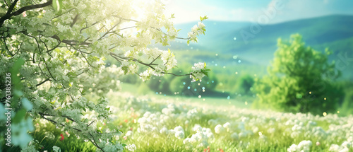 Close up of cherry blossom tree. Beautiful spring nature landscape with blooming trees. Meadow, green hills, glade with flowers on sunny day. Generative ai