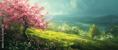 Beautiful spring nature landscape with blooming trees. Meadow, green hills, glade with flowers on sunny day. Mountains view. Springtime. Generative ai 