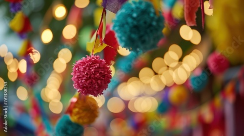 colorful paper decorations and pom-poms against a blurred backdrop of festive lights, perfect for cultural event decor or to enhance the visual appeal of festive marketing materials.