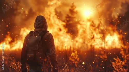 An individual wearing a backpack confronts a blazing forest fire, evoking a sense of adventure and danger