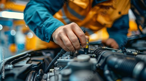 Close-up of a mechanic’s hands fine-tuning a vehicle’s engine illustrating
