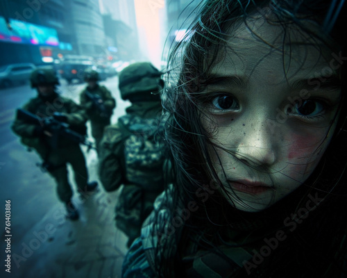 A compelling image of a child with soldiers in the background in mist