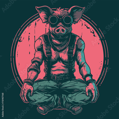 Anthropomorphism, harshness and rebellion - pumped male punk pig in leather harness. Circular graphic gay symbol in curves (vector)