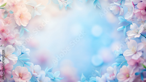 Fondo suave con flora delicada. Flores de colores sobre un fondo suave en tonalidades azules y luces bokeh. Hermosas y delicadas flores.