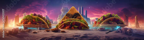 Tacos in a futuristic city with a purple sky
