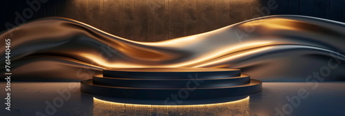podium showcase with elegant golden line motifs and a shimmering wave display, creating a timeless backdrop. Generative AI