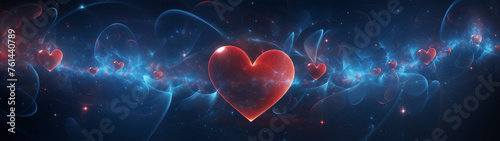 Red and blue glowing hearts in a starry, blue space.