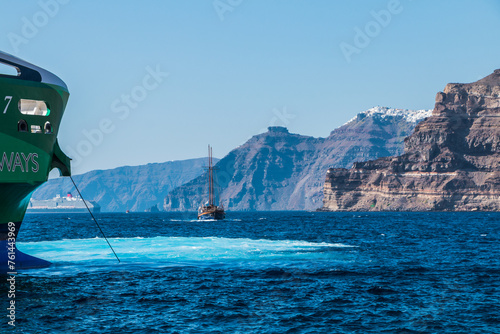 Santorini, Greece. september 04, 2016: tourist ferry near the shores of Santorini island in Greece