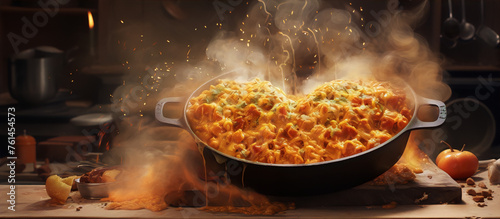 Food photography of a cast iron skillet of mac and cheese with steam and flames.