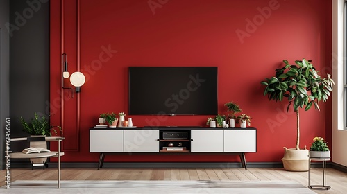 Conceptualize a cohesive interior design scheme that combines a bold wall color with a sleek TV cabinet and tasteful decorative accents attractive look