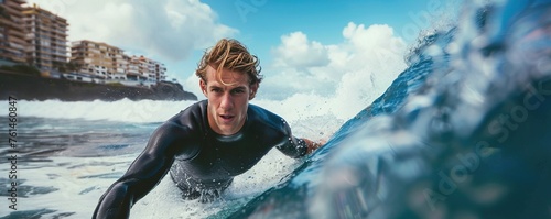 Athletic young man surfing a wave in a wetsuit in Tenerife