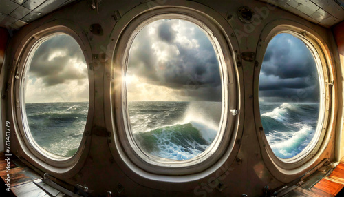 The stormy sea with storm clouds seen through three portholes of a moving ship. Looking through window porthole. Generative Ai.