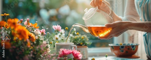Mature woman pouring tea in cup near flowers at home