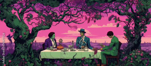Surreal illustration of three men in suits having tea party in overgrown garden with large tree, pink sky and surreal plants.